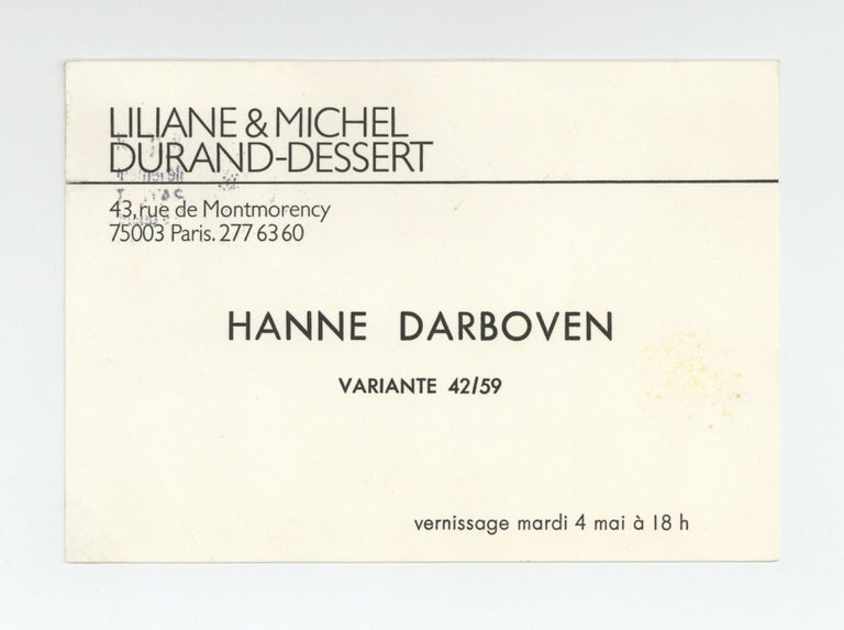 Item ID: 8777 Exhibition postcard: Hanne Darboven: Variante 42/59 (opens 4 May [1976]). Hanne DARBOVEN.