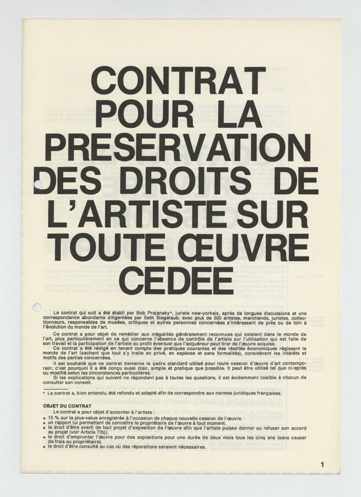Item ID: 8778 Contrat pour la Préservation des Droits de l'Artiste sur Toute Oeuvre Cédée....