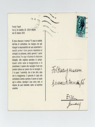 Exhibition postcard: Marisa Merz, Nicola de Maria, Mario Merz (opens 20 October 1978).
