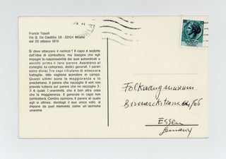 Exhibition postcard: Marisa Merz, Nicola de Maria, Mario Merz (opens 20 October 1978).