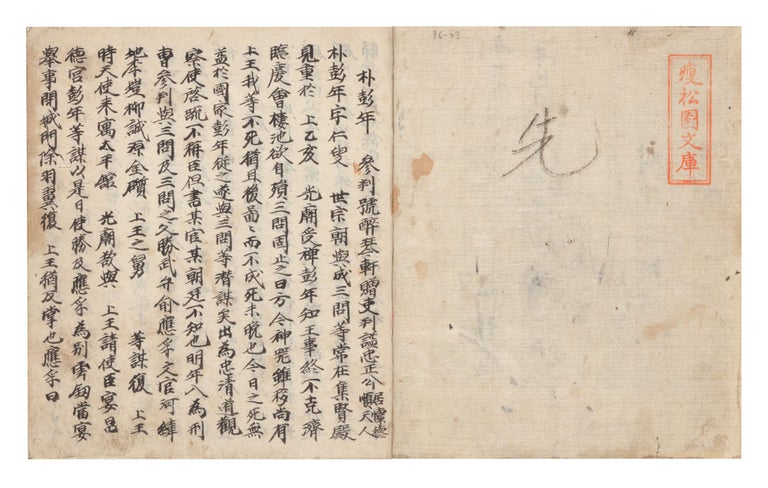 Item ID: 8832 Manuscript on paper, written in Chinese, entitled on upper wrapper: “Yuksinjŏn, bu Pak T’aebo jŏn” [“Biographies of the Six Subjects, with Pak T’aebo’s Biography in Appendix”]. BU PAK T’AEBO JŎN YUKSINJŎN.
