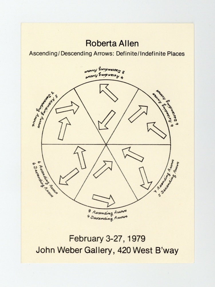 Item ID: 8839 Exhibition card: Roberta Allen: Ascending/Descending Arrows: Define/Indefinite Places (3-27 February 1979). Roberta ALLEN.