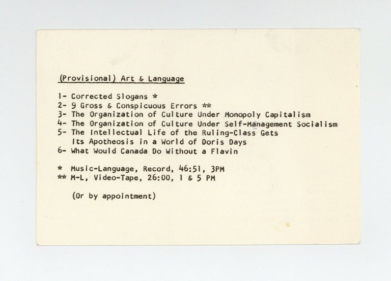 Item ID: 8840 Exhibition postcard: (Provisional) Art & Language (18 June-14 July 1976). ART, LANGUAGE.