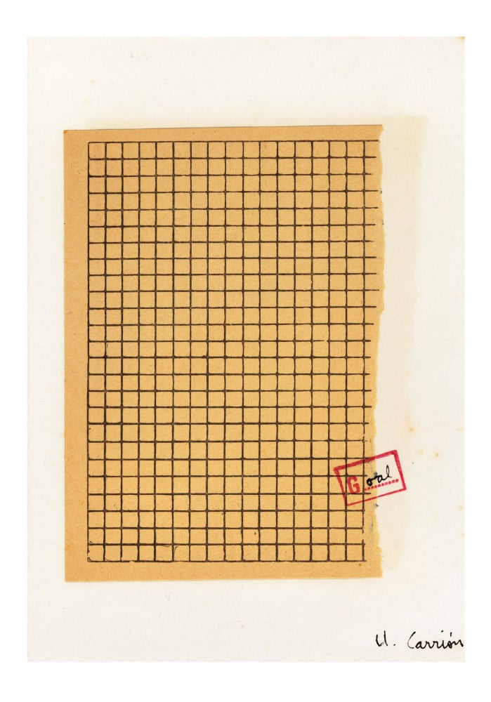 Item ID: 8889 A signed & stamped collage, torn sheet of graph paper (151 x ca. 105 mm.) pasted to a blank sheet (210 x 148 mm.), both rubber-stamped with the same impression “G……” & “oal” written with black ink, Carrión’s signature on lower right of blank sheet. Ulises CARRIÓN.