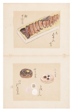 An album in orihon (accordion) format with 57 pasted-in sheets, almost all containing two or more paintings of various confectionaries & snacks.