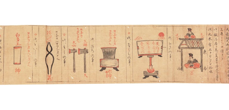 Item ID: 8940 Handscroll on paper, entitled on manuscript label on outside of the beginning of the scroll & first column of text: “Nihon kokuju kaji kotohajime” [“History of Sword Smithing Throughout Japan”]. SWORD SMITHING IN JAPAN.
