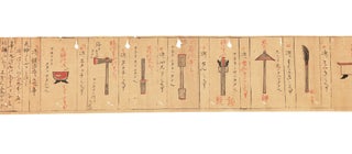 Handscroll on paper, entitled on manuscript label on outside of the beginning of the scroll & first column of text: “Nihon kokuju kaji kotohajime” [“History of Sword Smithing Throughout Japan”].