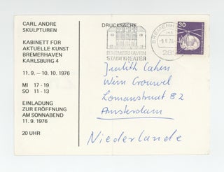 Exhibition postcard: Carl Andre: Skulpturen (11 September-10 October 1976).