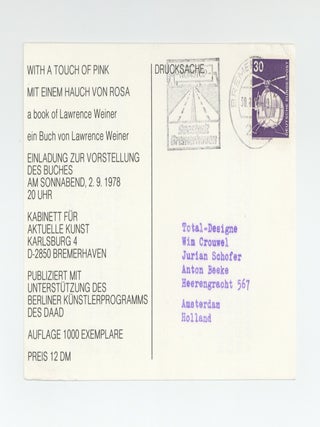 Exhibition postcard: WITH A TOUCH OF PINK/MIT EINEM HAUCH VON ROSA: a book of Lawrence Weiner/ein Buch von Lawrence Weiner, EINLADUNG ZUR VORSTELLUNG DES BUCHES&hellip; (2 September 1978).