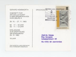 Exhibition postcard: Gerard Hemsworth: Leda und der Schwan (29 October-27 November 1983).