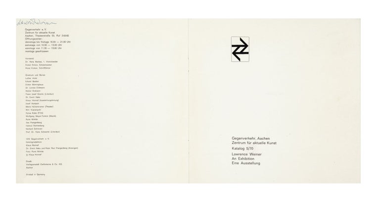 Item ID: 9040 Katalog 5/70: Lawrence Weiner, An Exhibition, Eine Ausstellung (May 1970). ZENTRUM...