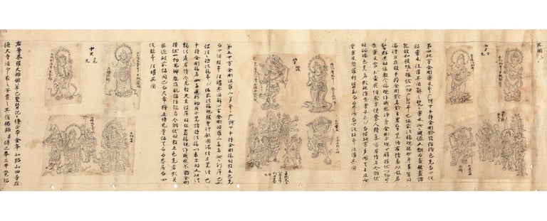 Item ID: 9134 Handscroll on paper, entitled (partially defective), at beginning of scroll on outside, “Ninnō kyōhō Hyakkan no uchi Daigoji” [“Doctrine of the Sutra for Humane Kings, a part of 100 sections, Daigoji Temple”], and on adjacent pasted cont. label “Ninnō hō,” apparently a later version of the first part (or scroll) of Ninnō kyōhō [Doctrine of the Sutra for Humane Kings]. KAKUZEN 覚禅.