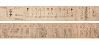 Two finely illustrated handscrolls on fine paper related to star worship, the first entitled at beginning “Chojo hitoki” [“Ascending to the Heavens (or possibly Mt. Meru, the central axis of the universe in Buddhist cosmology), Written Down”]; the second scroll with indecipherable title on outer front endpaper.