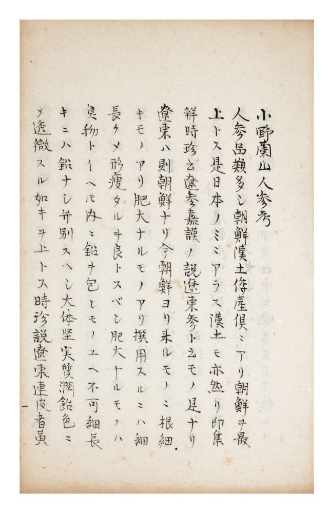 Item ID: 9222 Manuscript on paper, entitled on upper wrapper: “Ono Ranzan Ninjin ko” [“Ono Ranzan’s Thoughts about Ginseng”]. Ranzan ONO.
