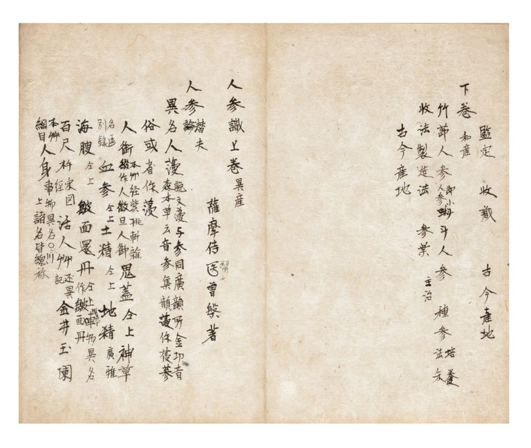 Item ID: 9225 Manuscript on paper, entitled on manuscript label on upper cover: “Ninjin shiki. Jii Sohan cho. Zen” [“The Knowledge of Ginseng Described. Fiefdom Doctor So. Complete”]. Senshun SO.