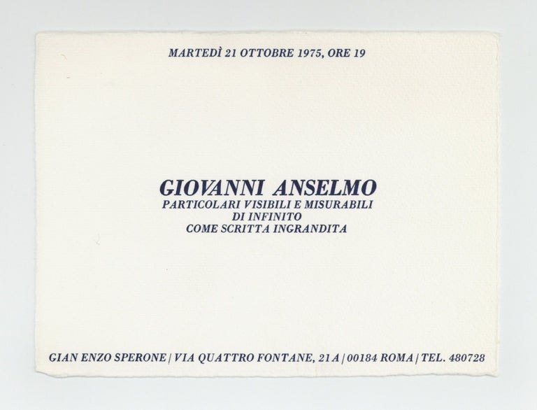 Item ID: 9247 Exhibition card: Giovanni Anselmo: Particolari Visibili e Misurabili di Infinito...