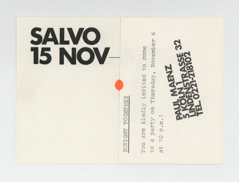 Item ID: 9253 Exhibition postcard: Salvo (opens 15 November [1975]). SALVO