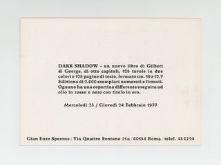 Announcement card: Gian Enzo Sperone presenta Dark Shadow, un nuovo libro di Gilbert & George, the sculptors (23 & 24 February 1977).