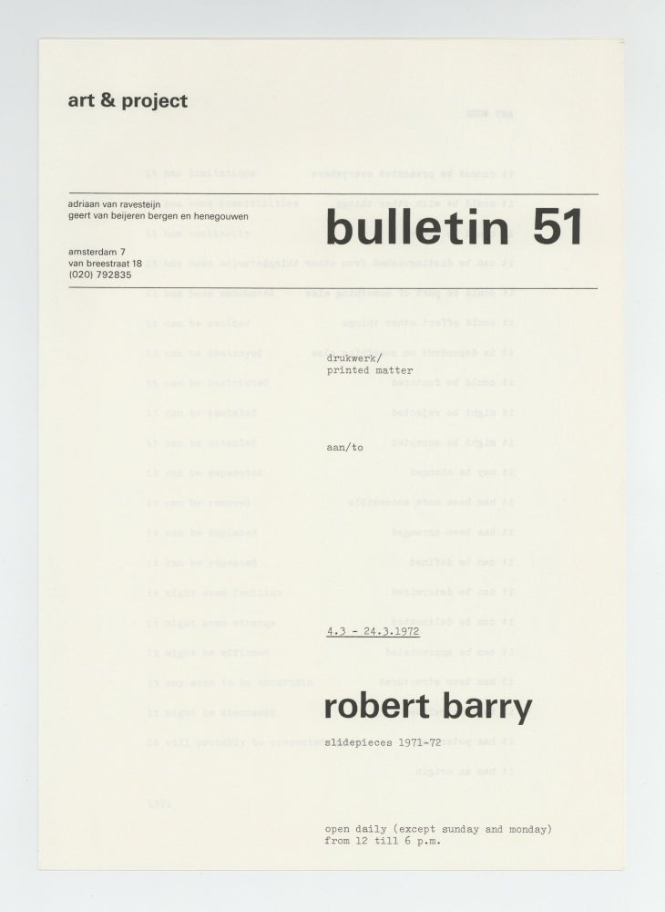 Item ID: 9489 bulletin 51: robert barry, slidepieces 1971-72 (4-24 March 1972). Robert BARRY
