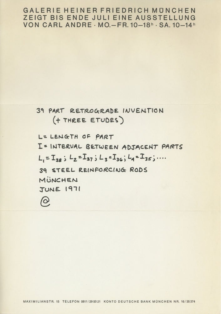 Item ID: 9519 Exhibition flyer: 39 Part Retrograde Invention (+ Three Etudes) (June 1971). Carl ANDRE.