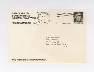 Exhibition postcard: Two Works of Lawrence Weiner (opens 21 December 1974).