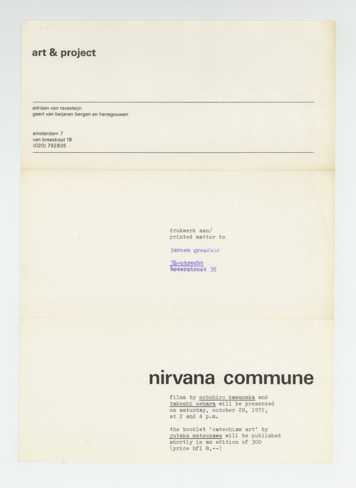 Item ID: 9616 Exhibition flyer: nirvana commune: films by nobuhiro kawanaka and takeshi uehara will be presented… (28 October 1972). ART, gallery PROJECT.