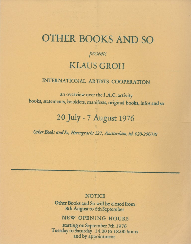 Item ID: 9729 Flyer: Klaus Groh, International Artists Cooperation, an overview over the I.A.C. activity: books, statements, booklets, manifests, original books, infos and so (20 July-7 August 1976). Klaus GROH.