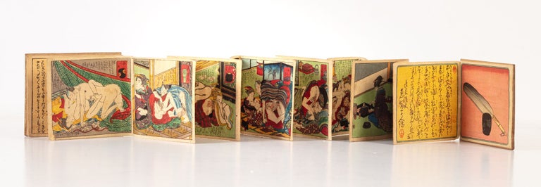 Item ID: 9815 Printed orihon (accordion) shunga, consisting of 28 woodblock color-printed panels, two of which have flaps to reveal a four-panel sex scene. TEA CEREMONY MITATE EROTICA.