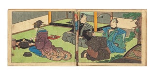Printed orihon (accordion) shunga, consisting of 28 woodblock color-printed panels, two of which have flaps to reveal a four-panel sex scene.