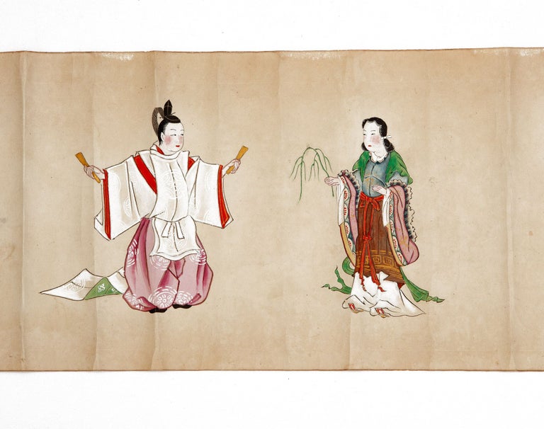 Item ID: 9823 Seven scrolls on fine shiny paper, four of which have 93 fine color brush & ink drawings of swords and swordsmen in poses. MARTIAL ARTS: SHINKAGE-RYŪ SWORDSMANSHIP.