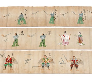 Seven scrolls on fine shiny paper, four of which have 93 fine color brush & ink drawings of swords and swordsmen in poses.