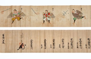 Seven scrolls on fine shiny paper, four of which have 93 fine color brush & ink drawings of swords and swordsmen in poses.