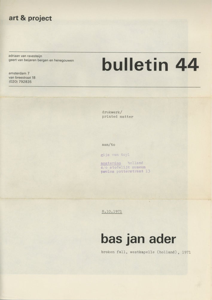 Item ID: 9931 bulletin 44: broken fall, westkapelle (holland), 1971 (8 October 1971). Bas Jan ADER