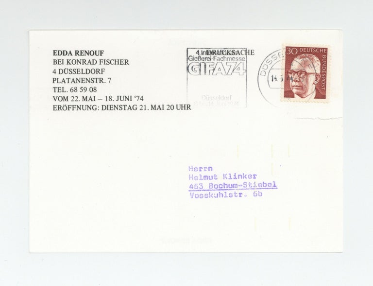 Item ID: 9953 Exhibition postcard: Edda Renouf Bei Konrad Fischer (22 May-18 June 1974). Edda RENOUF